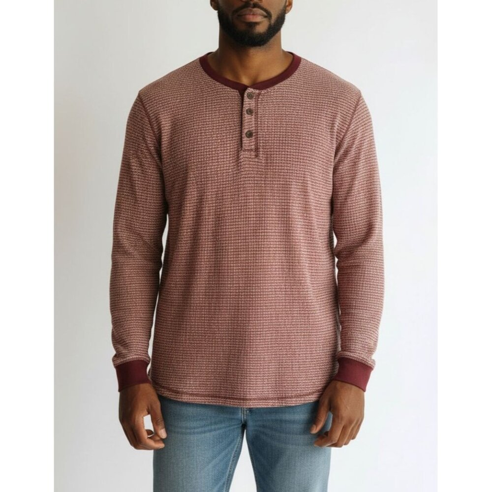 Old Navy Mens Soft Washed Henley Shirt XXL Maroon & White Waffle Knit Long Sleev